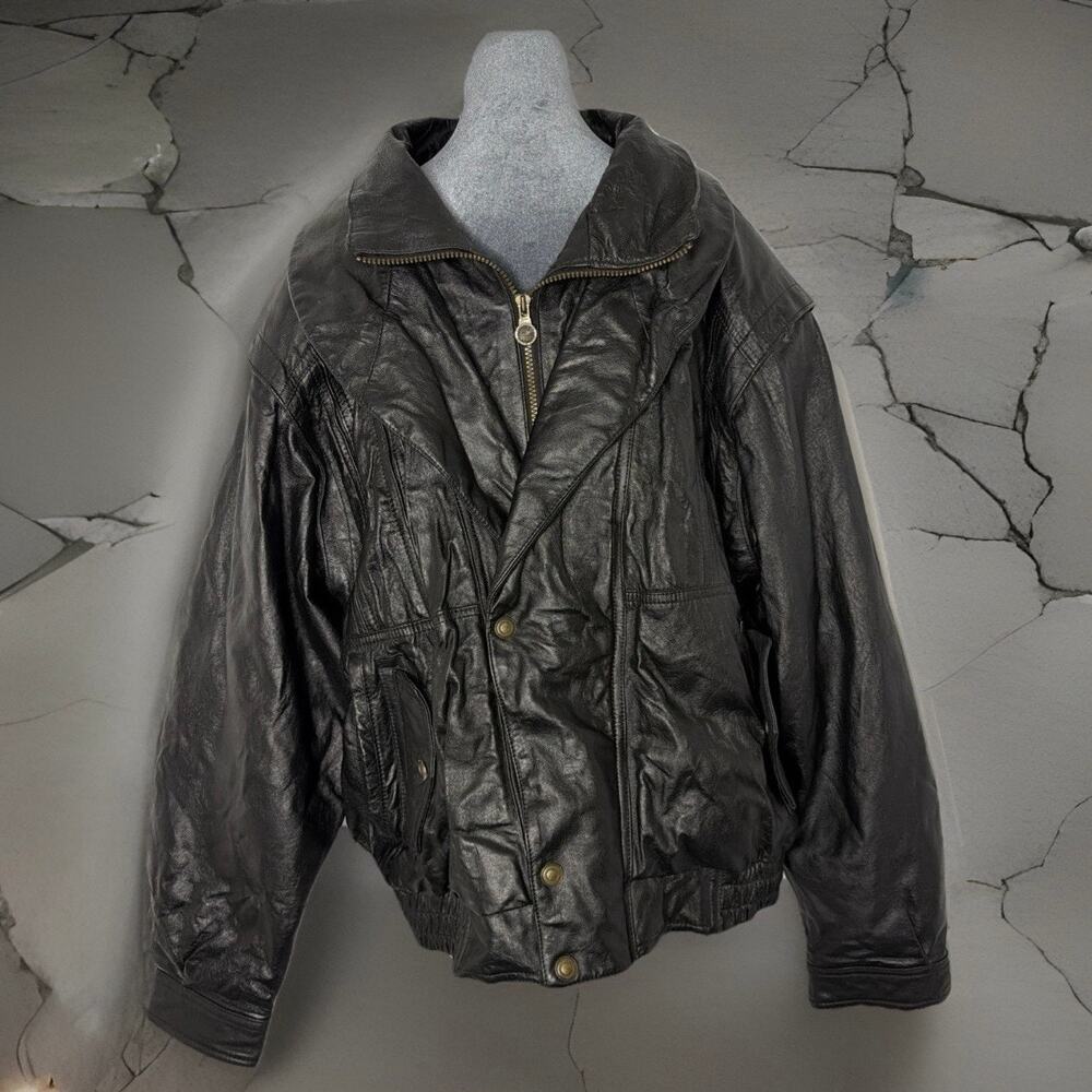 Expressions Black Leather Coat Lined Padded Stand-Up Shawl Collar Men’s XL Gift